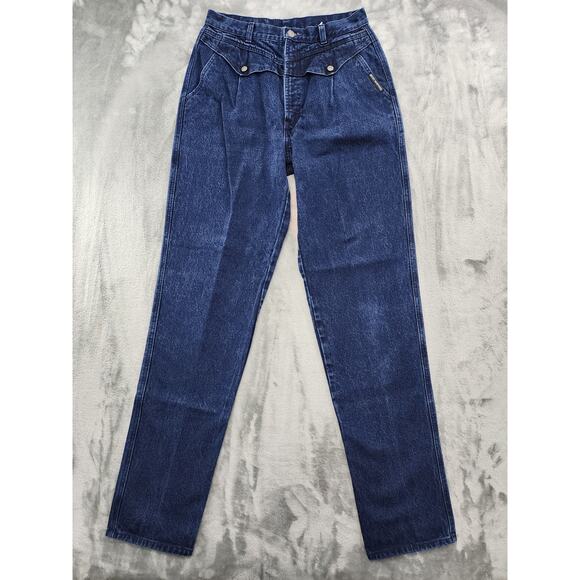 Vintage 80s Rocky Mountain High Rise Taper Leg Jeans Size 28 Dark Wash Bareback - Picture 1 of 9